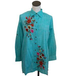 Avani del Amour Tunic Button Front Embroidered Mixed Media Blouse Womens Medium